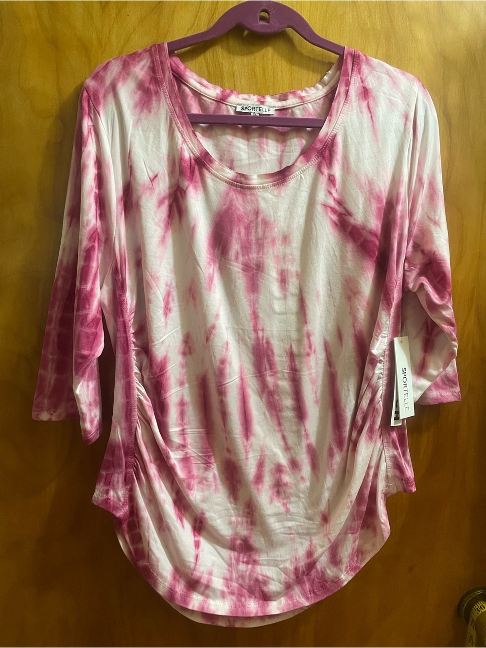 Sportelle Pink and White Tie-Dye Scoop Neck Long Sleeve Top - Relaxed Fit